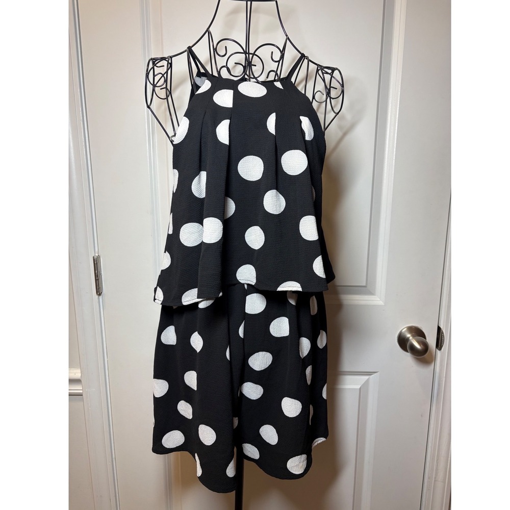 PaoLiNo Black White Polka Dot Popover Romper Sleeveless‎ Tie Back Womens
